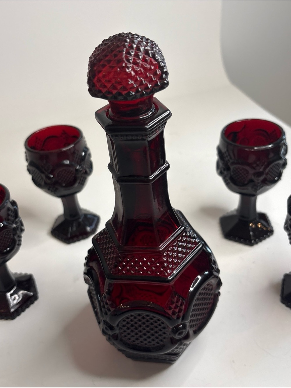 Vintage Avon ‘1876 Cape Cod’ Ruby Red Wine Decanter with four Wine Goblets